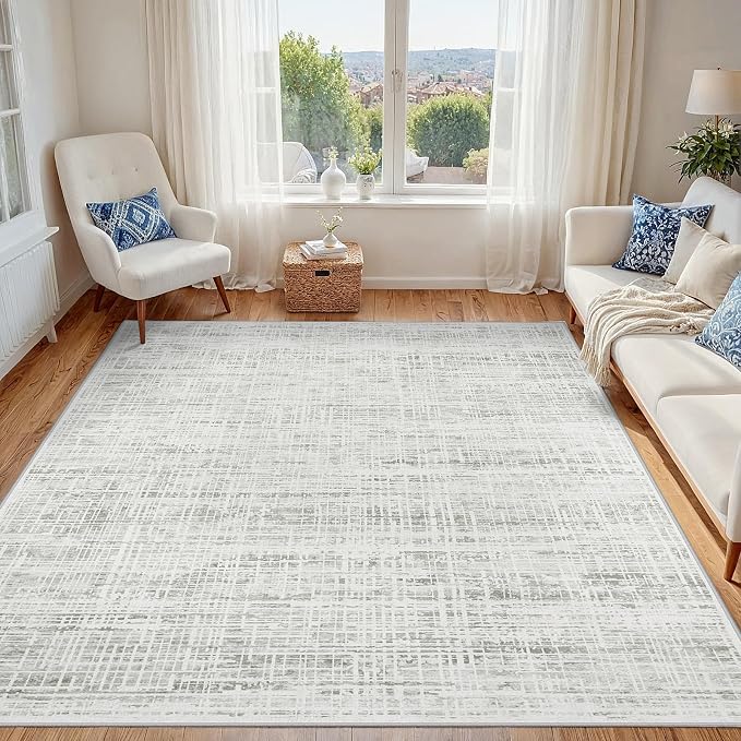 4x6 Washable Area Rug for Living Room Bedroom: Non-Slip Modern White Gray | Machine Washable TPR Backing, Stain-Resistant Low Pile, Pet & Kid Friendly, Abstract Decor for Dining Room, Dorm, Home Office by Oriannal