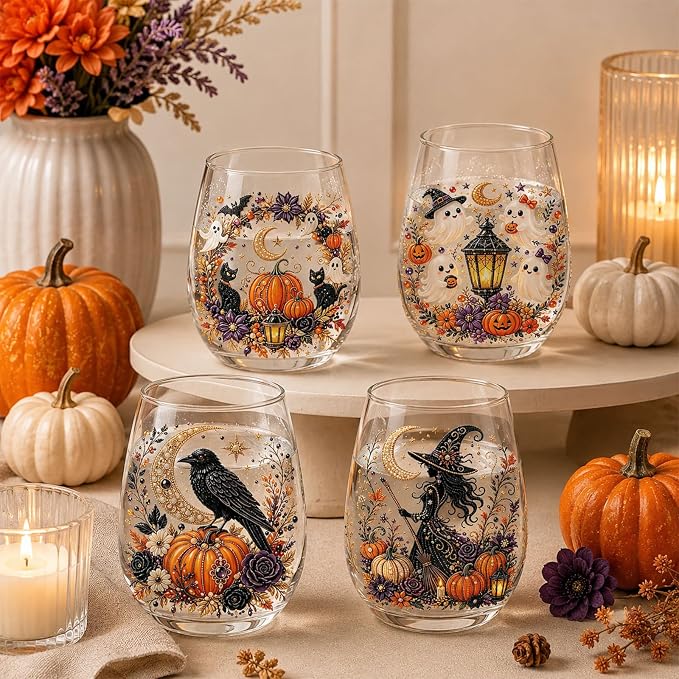 3D Halloween Autumn Glass Art Cup,Stemless Holiday Glassware Collection | Fantasy Fall Witch Wine Glasses,Holiday Printed Table Ornaments,Magical Halloween Home Decor Gifts for Various Beverages - Image 9