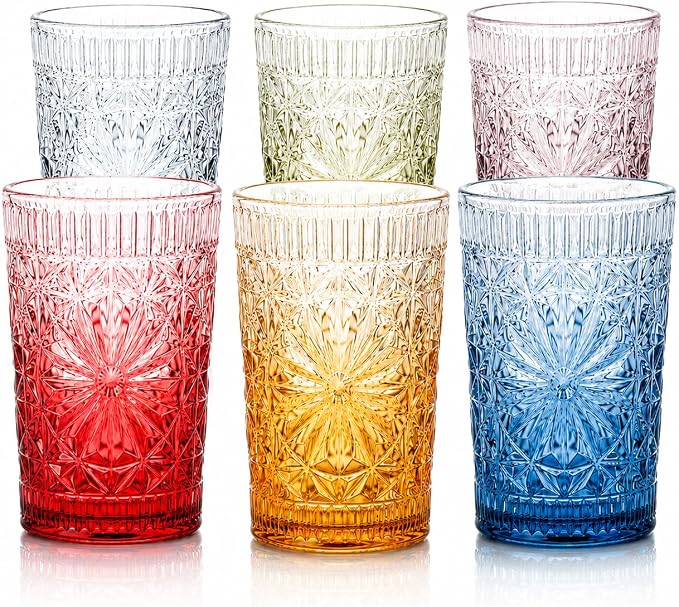Colored Vintage Drinking Glasses Set of 6, 13 oz Gradient Embossed Highball Glasses, Textured Glass Cups Tumblers for Water, Iced Coffee, Juice & Cocktails, Dishwasher Safe(Dahlia style) by forhaodejia