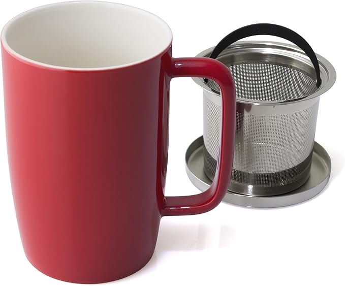 FORLIFE Dew Glossy Finish Brew-In-Mug with Basket Infuser & "Mirror" Stainless Lid 18 oz., Red
