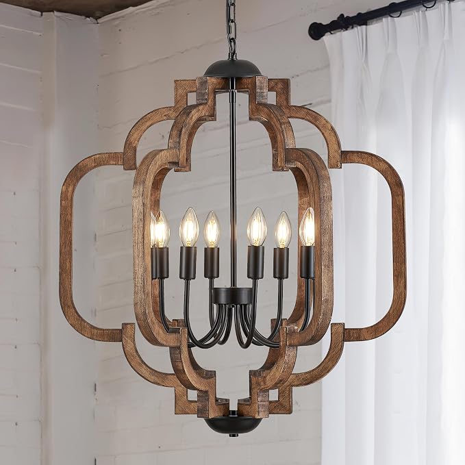 24.6" Farmhouse Vintage Chandelier 8-Light for Dining Room Rustic Handmade Wood Hanging Ceiling Pendant Light Fixture for Entryway Brown Retro Chandeliers for Kitchen Bedroom Foyer Hallway by Lighceac-ProfessionalLightingFixturesManufacturer