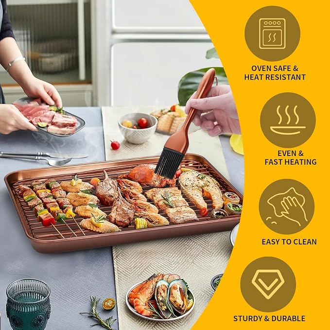 DOCBLACK Baking Sheet with Wire Rack and Silicone Pastry Basting Brush Set, Stainless Steel Cookie Sheet Baking Tray & Cooling Rack &Silicone Food Brush for Cooking and Oven, Dishwasher Safe-SunsetRed - Image 5