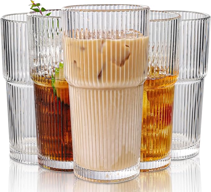 Set of 6 Oversize Ribbed Glassware, 20oz Vintage Clear Glass Tumbler, Large capacity, Origami Style, Fluted Design, Ideal for Water, Iced Coffee, Beer, Tea, Latte, Housewarming Gift (Large) by WeirdUncle