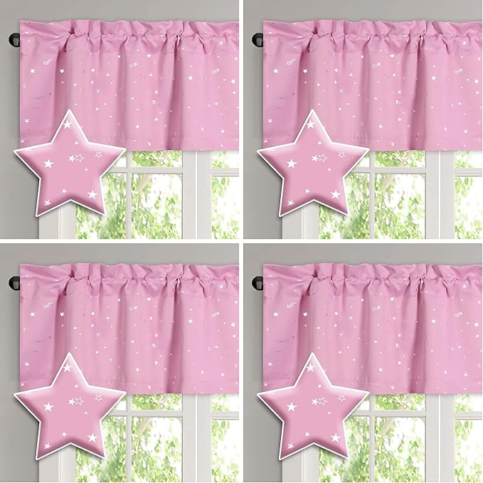 H.VERSAILTEX Blackout Curtain Valances for Kitchen Window/Living Room/Bathroom Privacy Added Rod Pocket Home Decoration Winow Valance, 52" W x 18" L, Glitter Stars in Pink Base (Pack of 4) by HVERSAILTEX
