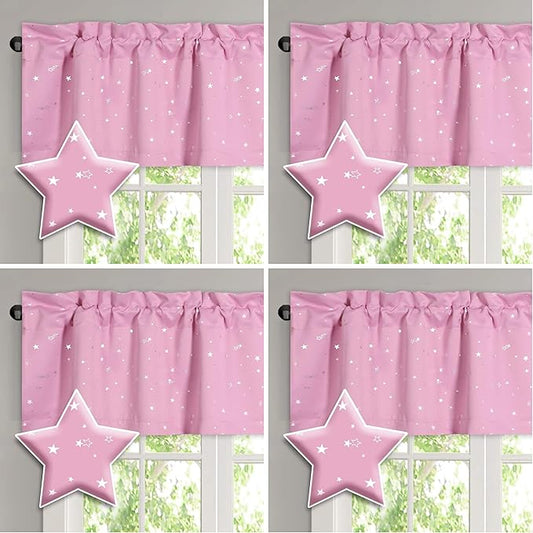 H.VERSAILTEX Blackout Curtain Valances for Kitchen Window/Living Room/Bathroom Privacy Added Rod Pocket Home Decoration Winow Valance, 52" W x 18" L, Glitter Stars in Pink Base (Pack of 4) by HVERSAILTEX
