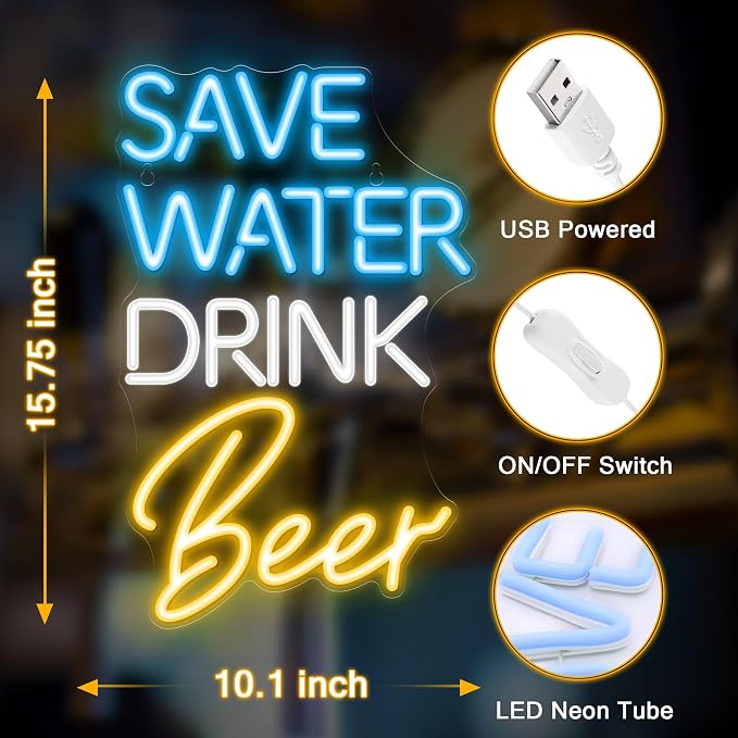 Kavaas Save Water Drink Beer Neon Sign, Neon Beer Signs for Man Cave, Home Bar, Pub, Wall Decor - Best Gifts for Beer Lovers, Birthday, Christmas - Image 3