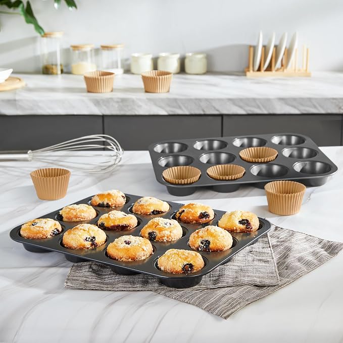 Muffin Pans with 120 Natural Parchment Liners, Nonstick Cupcake Baking Tray for Oven, Premium Standard Size, 12 Cup, 2 Pack, Dark Grey - Image 7