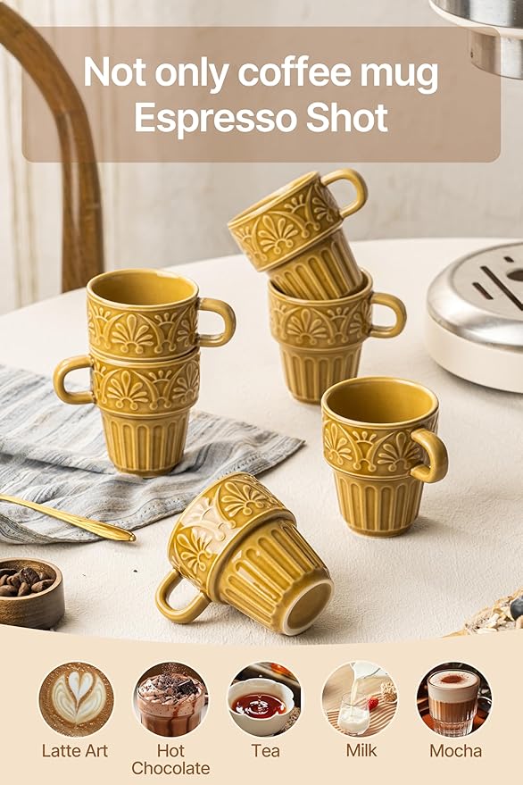 Cappuccino Cups, Espresso Cups, Stackable Mug Set of 6, Ceramic Coffee Mug 6 OZ Khaki for Hot Drinks Milk Dessert, Suitable for Home office Restaurant, Perfect for Holiday & Housewarming Present - Image 5