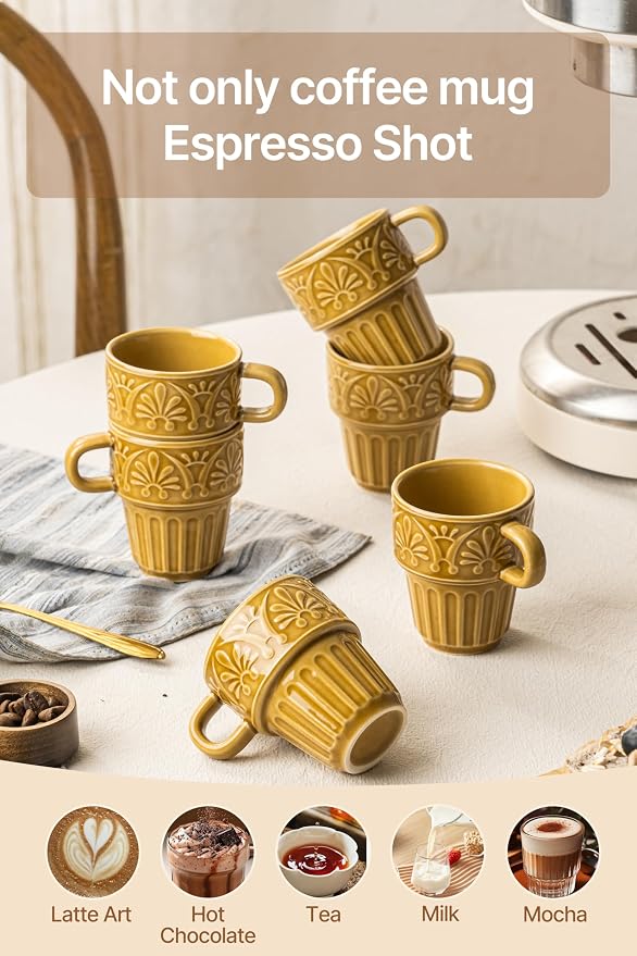 LYEOBOH Small Coffee Mug Set of 6, Stackable Mugs 3.3 OZ Ceramic Espresso Cups, Microwave & Dishwasher Safe Coffee Mugs Cups for Coffee Tea Cocoa, Modern Design for Home Kitchen, Housewarming, Khaki - Image 5