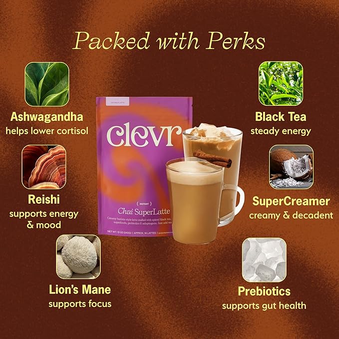 Clevr Blends Chai Tea Latte, Instant Superfood Powder Blend with Oat Milk, Lions Mane, Reishi Mushroom, Black Tea, Organic Spices, Coconut Cream, Ashwagandha, Oprah’s Favorite Things 2022, (30 Lattes)