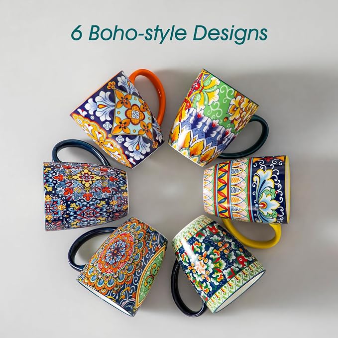 vancasso SIMI 12 oz Coffee Mugs Set of 6, Ceramic Mug with Handle, Boho | Coffee Cups for Latte, Tea, Cappuccino & Hot Chocolate, Easy-Grip Mug, Dishwasher & Microwave Safe, Bohemian Gift Set - Image 5