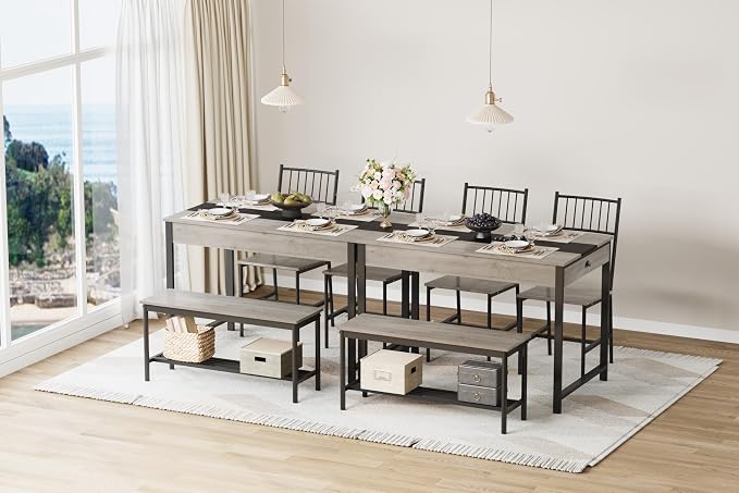 GarveeHome Dining Table Set for 4,Kitchen Table with Bench & 2 Chairs, Grey | Includes Storage Rack & Drawers, Space-Saving，Rectangular Farmhouse Style, Perfect for Breakfast Nook - Image 4
