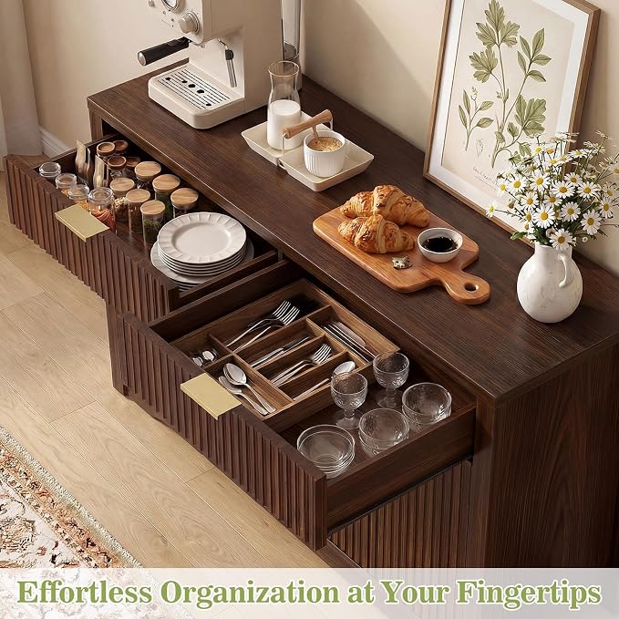 Cyclysio 55" Fluted Buffet Cabinet with Storage, Modern Sideboard Credenza with Adjustable Shelves & Drawers, Coffee Bar Table for Dining Room, Entryway, Kitchen, Black Walnut - Image 8