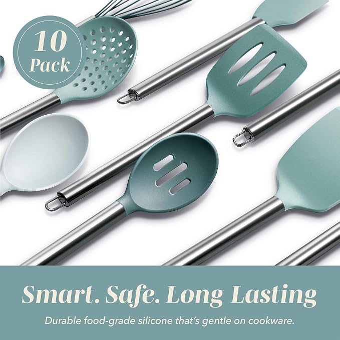 COOK WITH COLOR Silicone Cooking Utensils, Kitchen Utensil Set, Easy to Clean Silicone Kitchen Utensils, Cooking Utensils for Nonstick Cookware, Kitchen Gadgets Set, 10 Pieces, Teal - Image 3