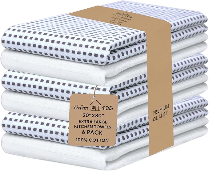 Urban Villa Christmas Dot Check Kitchen Towels Set of 6 20X30 Inches 100% Cotton Highly Absorbent Kitchen Towels Premium Quality Ultra Soft Mitered Corners Towels Grey/White by CottonTrends