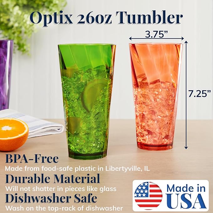 US Acrylic Optix Plastic Reusable Drinking Glasses (Set of 8) 26oz Iced-Tea Cups in Jewel Tone Colors | BPA-Free Tumblers, Made in USA | Top-Rack Dishwasher Safe - Image 2