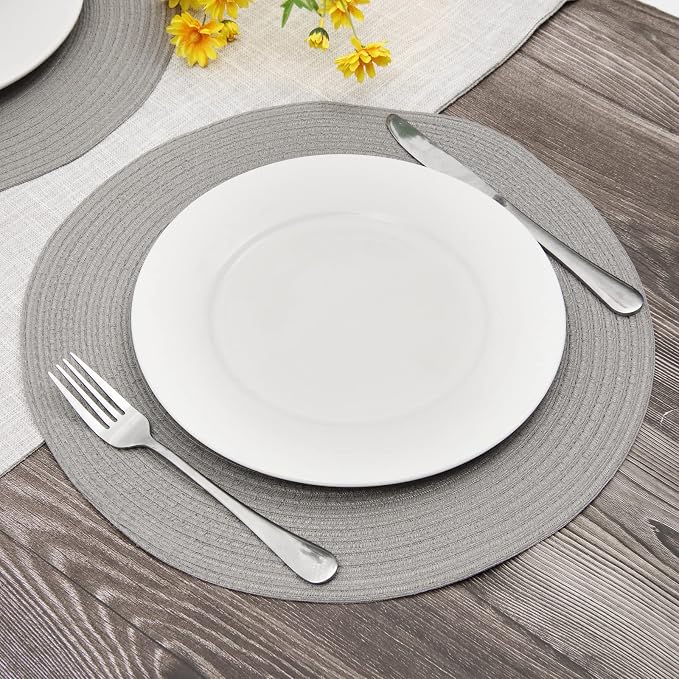 SHACOS Round Braided Placemats Set of 6 Thick Fabric Circle Grey Place Mats Woven Table Mats for Dining Tables 15 inch (Gray, 6) - Image 2