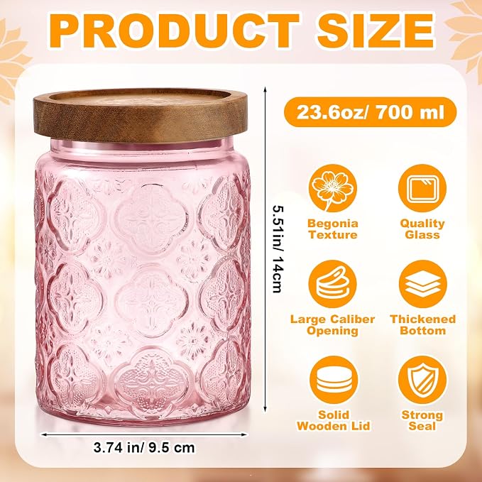 LemonRoad 4 Pcs Vintage Pink Glass Storage Jars 23.7 oz Mason Jar Canister with Wood Lids Food Storage Container for Cookie, Pantry, Candy Kitchen, Coffee, Tea, Flour, Sugar, Decorative Home Decor - Image 2