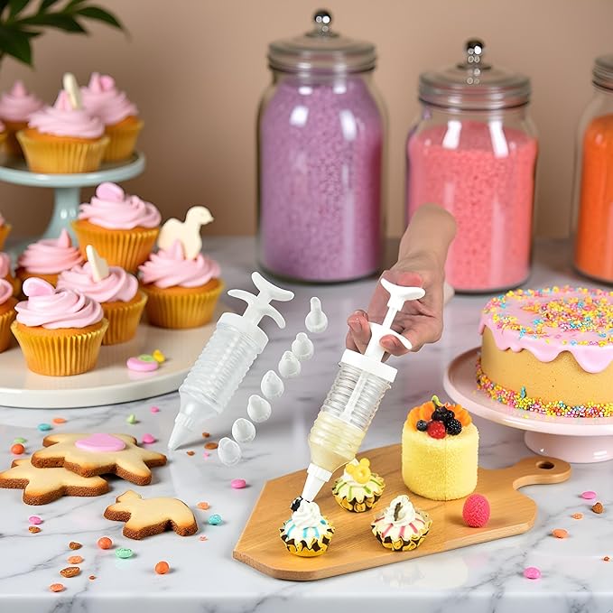 1Pc White Pipe Nozzles with Syringe，8pcs Plastic Cream Baking Piping Nozzle Dispenser Icing Pastry Tips Tube Decoration Tool, for Cupcake and Cake,Decorating Tools