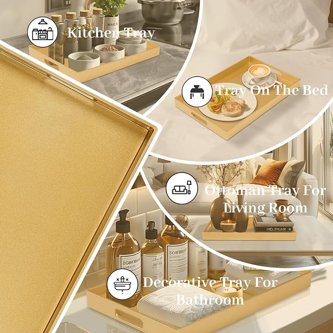 MAONAME Gold Decorative Tray for Coffee Table, Serving Tray with Handles | Plastic Melamine Tray, Modern Ottoman Tray, Rectangular Countertop Organizer Tray for Living Room, 15.8"L x 10.2"W x 1.4"H - Image 7