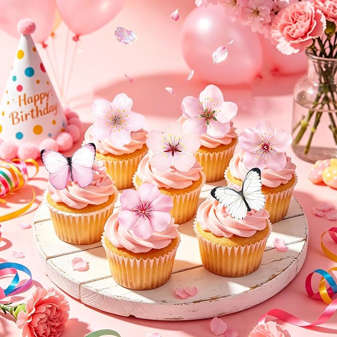 72 PCS Edible Cherry Blossoms Butterfly Cupcake Toppers Wafer Paper Flowers Cake Decorations Ideal for Baby Shower Kids Birthday Party Decorations Edible Flowers Cake Decorations for Celebrations - Image 5