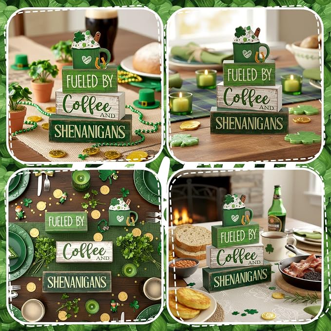 Moucuny 4 Pcs St Patricks Day Table Decoration Wooden Green Ice Cream Cup St. Patrick's Day Tiered Tray Decor Irish Centerpiece Green and White Happy St Patricks Coffee Bar Decor for Home Kitchen - Image 6