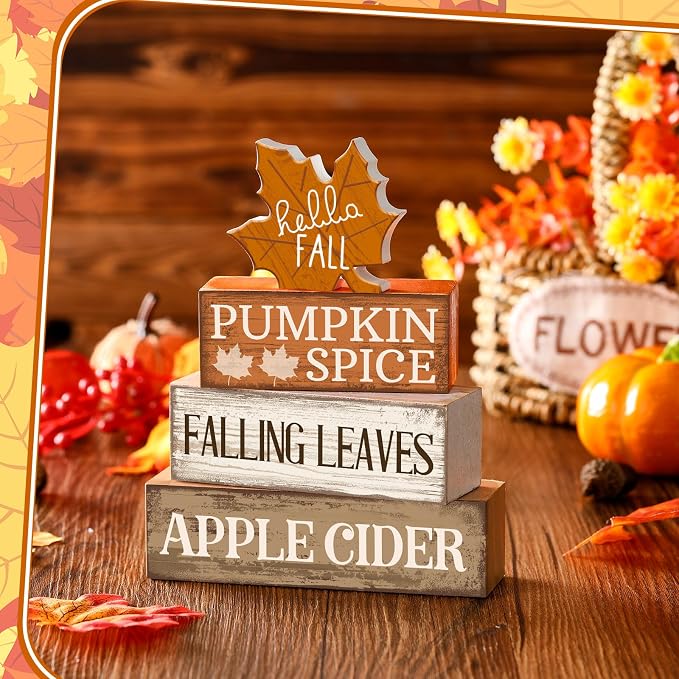 Moucuny 4 Pcs Fall Decor Wooden Maple Leaf Decoration Thanksgiving Tiered Tray Decor Rustic Wooden Maple Leaf Block Sign Thanksgiving Table Centerpiece Farmhouse for Autumn Harvest Party Home Kitchen - Image 3