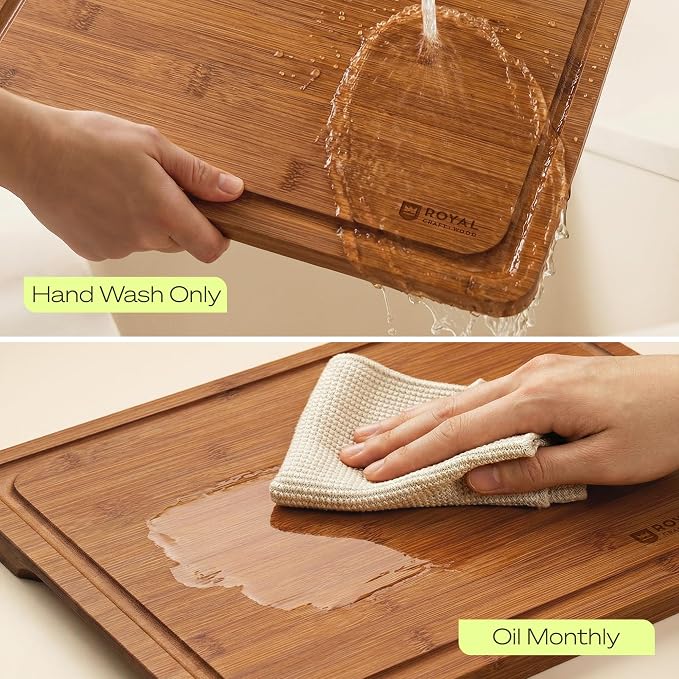 ROYAL CRAFT WOOD Wooden Cutting Boards for Kitchen Meal Prep & Serving - Bamboo Non Toxic Cutting Board Set with Deep Juice Groove Side Handles - Charcuterie & Chopping Butcher Block for Meat (4 Pcs) - Image 7