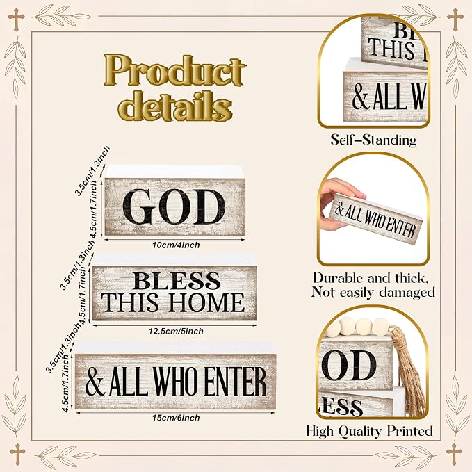 Moucuny 4 Pcs Christian Table Decor Rustic Wooden Block Sign Set with God Bless This Home & All Who Enter Farmhouse Stacked Decor with Beaded Garland Tassel Christian Home Decors for Office, Shelf - Image 2