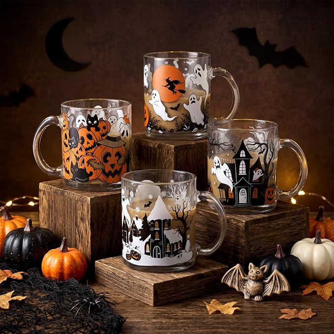 Tioncy 4 Pcs Halloween Ghost Coffee Mugs 12 oz Scary Pumpkin Glass Cups with Handle Spooky Coffee Cup Black Cat Horror Gifts Drinking Containers for Halloween Holiday Party Drinkware Accessories - Image 2