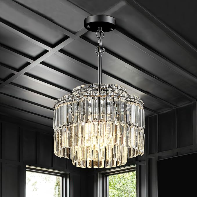 Modern 12.8“ Black Crystal Chandelier Ceiling Light Fixtures for Dining Room Luxury Glam 4-Light Crystal Chandeliers Lighting for Bedroom Entryway Hallway Living Room Kitchen Island Foyer by Lighceac-ProfessionalLightingFixturesManufacturer
