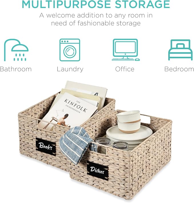 Best Choice Products Pantry Baskets Set of 2 16x12in Water Hyacinth Storage Baskets, Woven Wicker Kitchen Organizers with handles w/Chalkboard Label Chalk Marker - White - Image 6