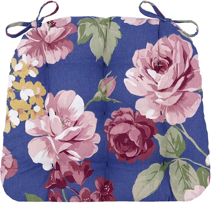 Barnett Home Decor Dining Chair Pads with Ties - Bethanne Blue Floral Size Small 15 x 17 - Latex Foam Filled Windsor Chair Cushions - Machine Washable by BarnettHomeDecor