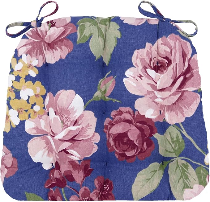 Barnett Home Decor Dining Chair Pads with Ties - Bethanne Blue Floral Size Medium 16.5 x 18 - Latex Foam Filled Windsor Chair Cushions - Machine Washable by BarnettHomeDecor