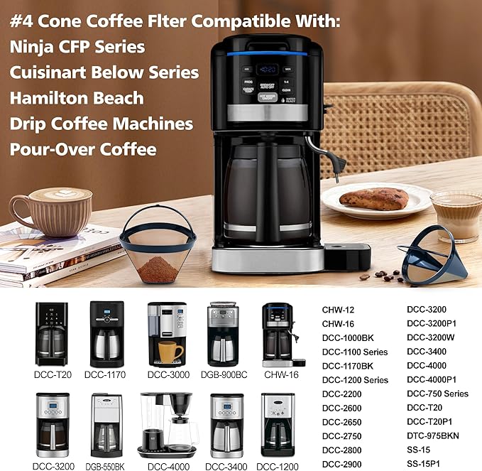 2 Pcs Reusable No.4 Cone Coffee Maker Filters for Ninja,Replacement Coffee Basket Filters, #4 Cone Permanent Stainless Steel Mesh Basket Compatible with Ninja Cuisinart Hamilton Beach Coffee Maker