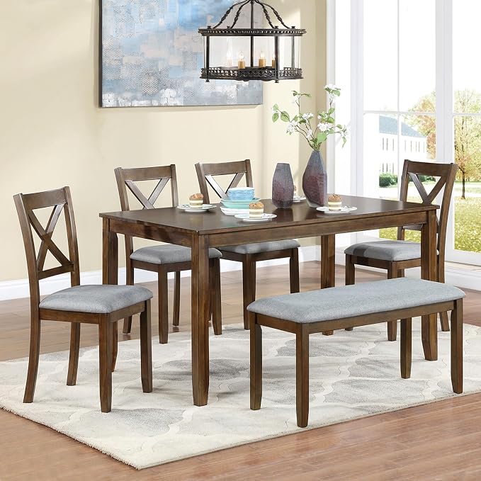 6-Piece Dining Table Set with Bench and Chairs - Solid Wood Kitchen Dining Room Table Set in Farmhouse Rustic Style, Table Set for 6 with 4 Chairs and Bench Seat.(Walnut_Large) by Augabam