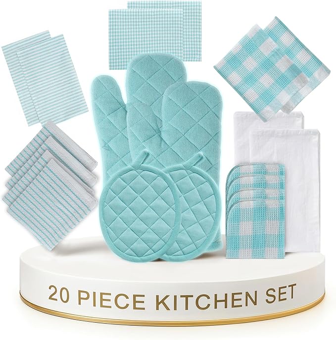 LANE LINEN Kitchen Towels and Dishcloths Sets - 20Pc Kitchen Towel Set, 350 Degree Heat Resistant Oven Mitts & Pot Holder, Reusable Absorbent Dish Cloths for Washing Dishes - Aqua by LaneLinen