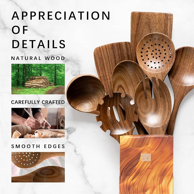 Wooden Spoons for Cooking, 8-Piece Acacia Wood Cooking Utensil Set | Spoons and spatulas stir, mix, flip and serve; balanced handles offer control while staying gentle on nonstick cookware. - Image 4