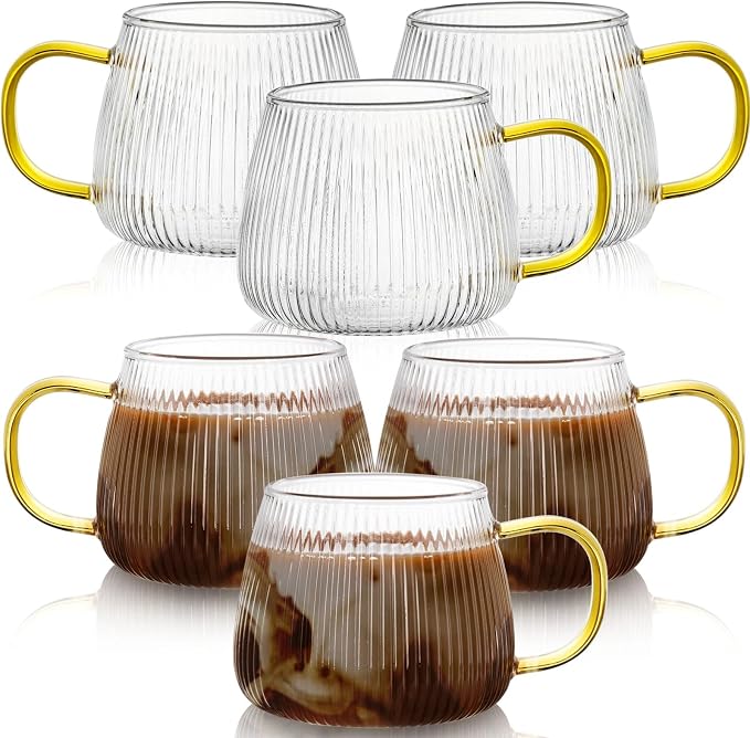 AVLA 6 Pack Glass Coffee Mugs, 16 OZ Unique Vertical Stripes Coffee Cup, Clear Large Tea Glasses with Handle, Vintage Transparent Glassware for Hot/Cold Beverages, Cappuccino, Latte, Espresso, Juice - Image 8
