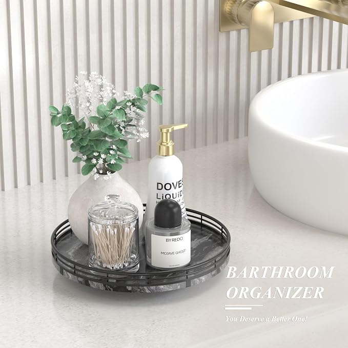AMH 10-Inch Ancient Wood-Grain Marble Lazy Susan with Black Iron Frame | Smooth rotating oak tray with walnut finish for dining tables, kitchen counters, pantries and cabinet storage. - Image 2