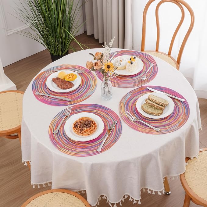 SHACOS 15 inch Round Placemats Set of 6 Variegated Multicolor Place Mats Cotton Polyester Braided Non Slip Washable Heat Resistant Table Mats for Home Wedding Dinner Party Table Decor, Rainbow Pink - Image 7