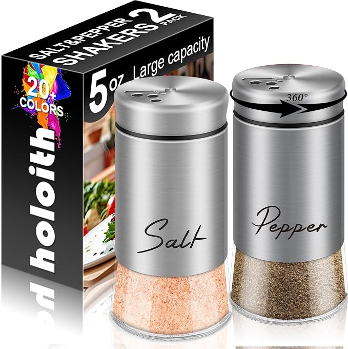 Stainless Steel Salt and Pepper Shakers Set, 5 oz | Salt Shaker with Adjustable Pour Holes, Modern Pepper Shaker for Kitchen Metal Gadgets with Glass Bottom (Silver) by Holoith