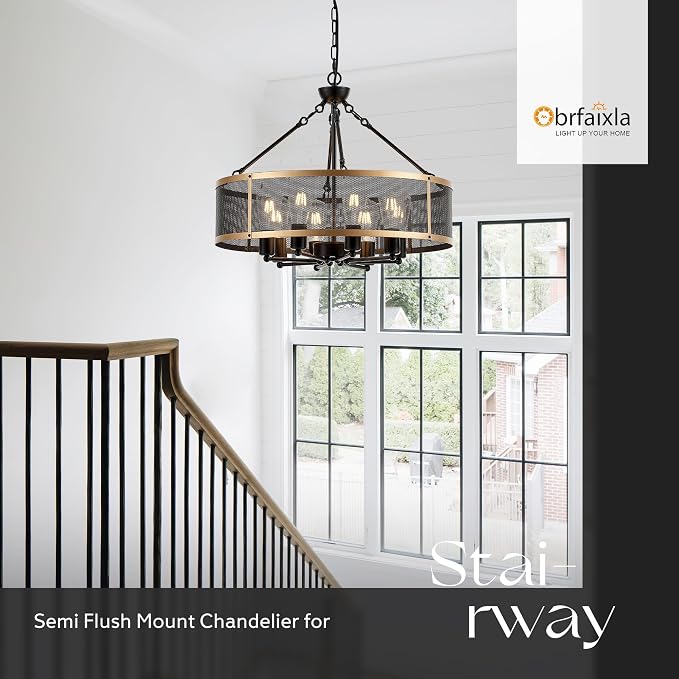 Modern 23" Large Black Gold Mesh Drum Chandelier for Dining Room Industrial Retro Semi Flush Mount 4-Light Round Ceiling Light Fixtures for Kitchen Bedroom Living Room Hallway Entryway Foyer - Image 7