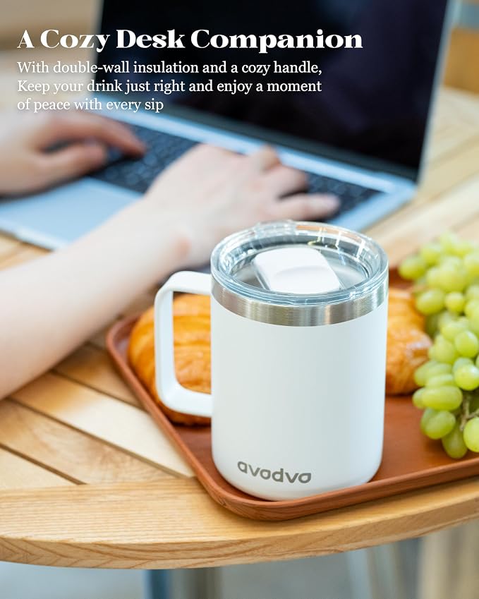 12oz Insulated Coffee Mug with Lid – Includes Two Lids, Stainless Steel Coffee Travel Mug with Handle, Double Wall Vacuum Insulated Camping Mug for Home, Office & Outdoor, White - Image 5