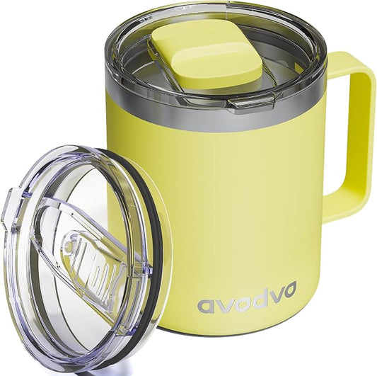 12oz Insulated Coffee Mug with Lid – Includes Two Lids, Stainless Steel Coffee Travel Mug with Handle, Double Wall Vacuum Insulated Camping Mug for Home, Office & Outdoor, Yellow by avodvo