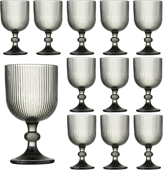 12 Pcs Vintage Wine Glasses, 11 Ounces Colored Glass Water Goblets, Unique Embossed Pattern High Clear Stemmed Glassware Wedding Party Bar Glass Drinking Cups Fancy Glasses Vertical Line Grey Set by XKXKKE