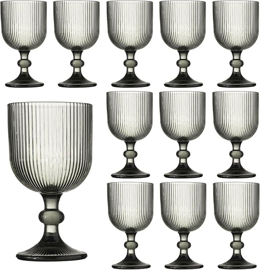 12 Pcs Vintage Wine Glasses, 11 Ounces Colored Glass Water Goblets, Unique Embossed Pattern High Clear Stemmed Glassware Wedding Party Bar Glass Drinking Cups Fancy Glasses Vertical Line Grey Set by XKXKKE