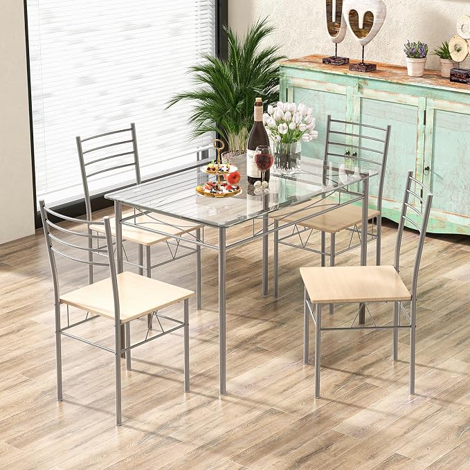 Giantex 5 Piece Dining Table Set, Kitchen Dining Set with Tempered Glass Table Top and 4 Chairs, Dinette Set for 4 for Breakfast Nook Dining Room Kitchen (Transparent) - Image 8