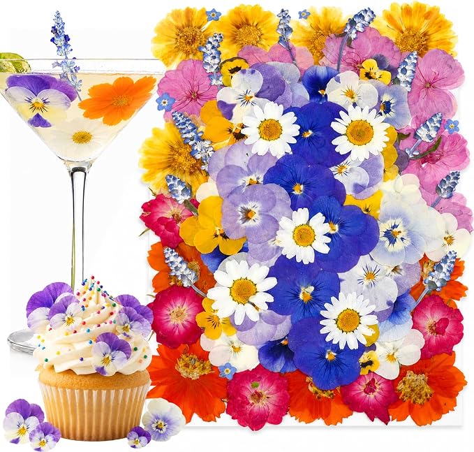 80Pcs Natural Dried Pressed Edible Flowers for Cocktails & Cake Decorating | 8 Kinds Food Grade Flowers· Perfect for Drinks, Cake Topper & Crafts· Wedding & Party· Vibrant Natural Colors by Unknown