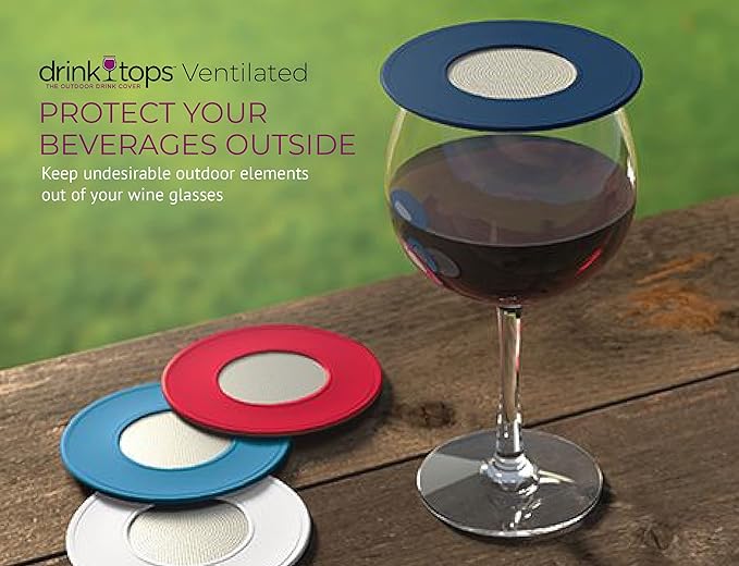 Drink Tops Ventilated Silicone Wine Glass Covers - Weighted Cover with Screen Allows Wine to Breathe - Outdoor Wine Glass Covers to Keep Particles Out - BPA Free - 4pk
